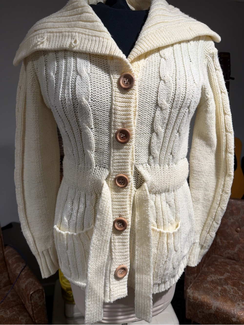 Vintage Cream Cable Knit Button-Up Women's Sweater Cardigan